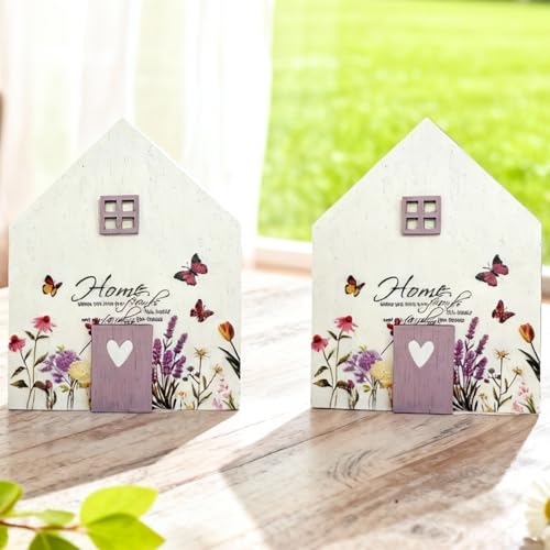2er Set Holzhaus Deko Frühling - Frühlingsdeko Tisch Holz 12,5x9,5cm - Ostern Tischdeko Frühling Vintage Mit Blumen & Schmetterling - Frühling Osterdeko Aufsteller Für Fensterbank & Wohnzimmer