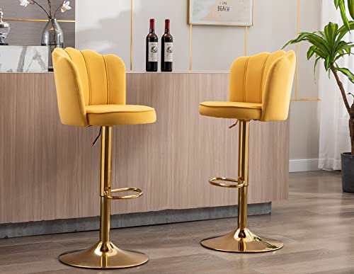 Kmax Velvet Bar Stools Swivel Height Adjustable Counter Stools With Golden Base Nailhead Footrest Petal Back For Kitchen Island, Set Of 2- Yellow #TOP2