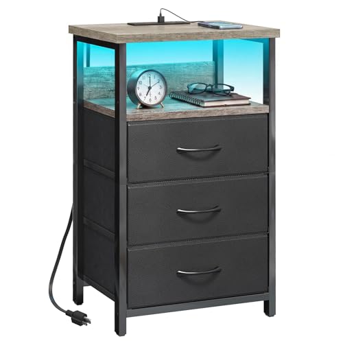 Image of Fixwal Night Stand with Charging Station, LED Nightstand with Fabric Drawers, End Table with PU Finish, Bed Side Table, French Oak