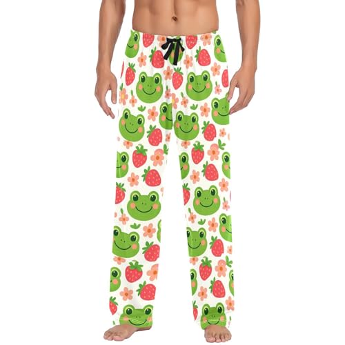 Men's Cute Cartoon Frog Pajama Pants with Pockets - Straight Fit Cotton Sleep Bottoms for Lounge & Nightwear#4792
