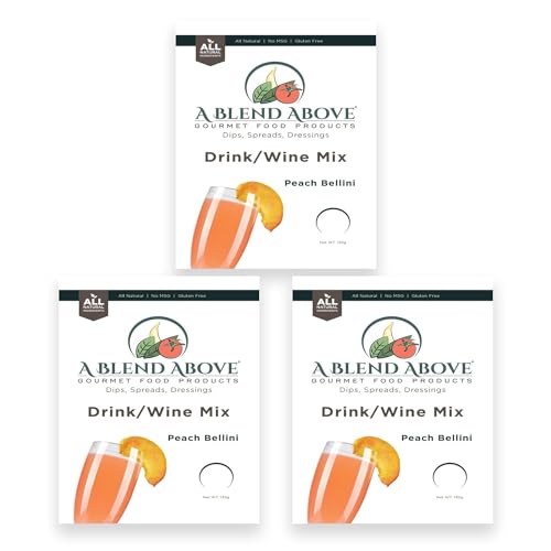A Blend Above Peach Bellini Wine/Drink Mix - 3pack, Makes 1 Large Pitcher, 6 Drinks, Easy to Make, Alchohol Blend, Drink Mix, Wine Mix, All Natural, Gluten-Free, No Preservatives, No MSG, Refreshing Alchoholic Mixer, Perfect For Any Occasion, Party Favorite