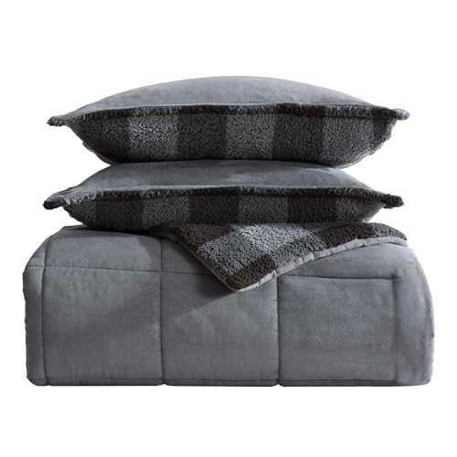 Image of Eddie Bauer - Twin Comforter Set, Microsuede Bedding with Soft Plush Faux Shearling Reverse, 2 Piece Bed Set with Matching Pillowcase (Cabin Plaid Grey)