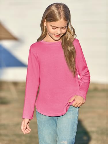 Image of Haloumoning Girls Long Sleeve T Shirts Kids Crewneck Tops 5-14 Years | Solid Color, Casual Loose Fit, Basic Tees, Curve Hem, Side Slit, Soft Tunic Tops, Fashion Clothes