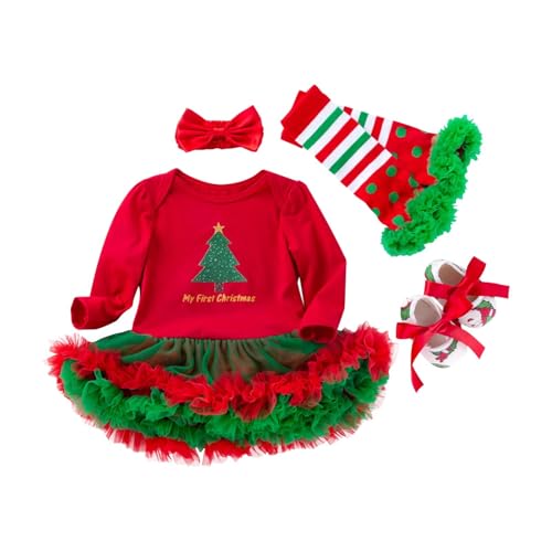 Generisch Disfraz de Navidad para bebé y niña, para recién nacidos, 1. Disfraz de Navidad, tutú, pelele para vestido, diadema, calcetines, 4 piezas (verde, 3-6 meses)