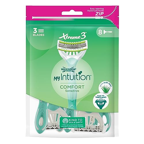 Wilkinson Sword - MyIntuition Comfort Sensitive Xtreme 3 - Rasoio Usa & Getta - Rasoio a 3 Lame Flessibili per Donna - Striscia Lubrificante con Aloe e Jojoba - Confezione x8