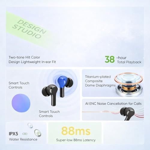 Image of Lynacz Original Earbuds Compatible with Realme T110 with Long Playback, Fast Charging Support, Low Latency Audio, Comfortable in-Ear (Black)