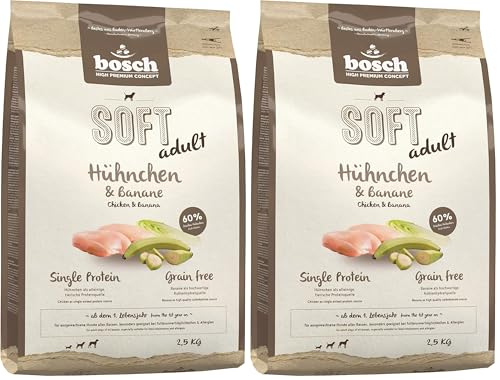 Bosch HPC Soft Hühnchen & Banane | halbfeuchtes Hundefutter für ausgewachsene Hunde Aller Rassen | Single Protein | Grain-Free | 1 x 2.5 kg (Packung mit 2)