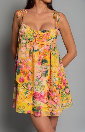 Image of ROAONOCOMO Women Boho Graffiti Cami Mini Dress Spaghetti Strap Printed A Line Short Dress Cute Colorful Sundress