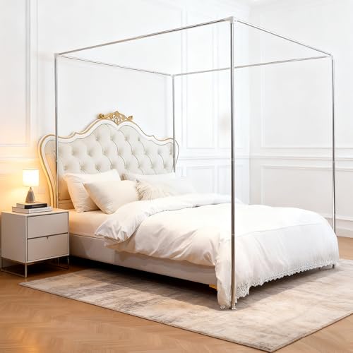 Akiky Canopy Bed Poles Stainless Steel Metal Frame 4 Corner Post Bed Frame Poles Frame Bracket Fit for Metal and Wood Bed(King,Silver)