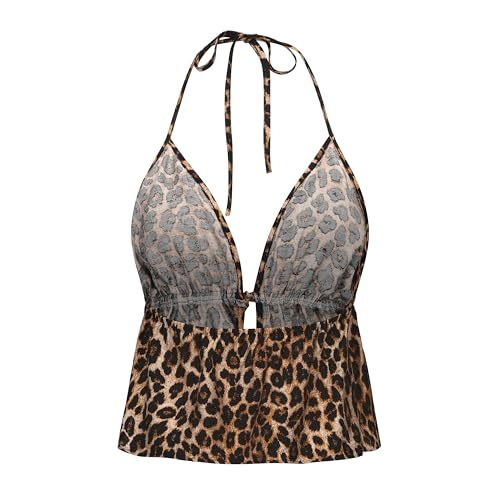 Women's Y2K Cute Summer Leopard Print Halter Top Sexy Tie Front Backless Ruffle Beach Crop Going Out Tops for Women3