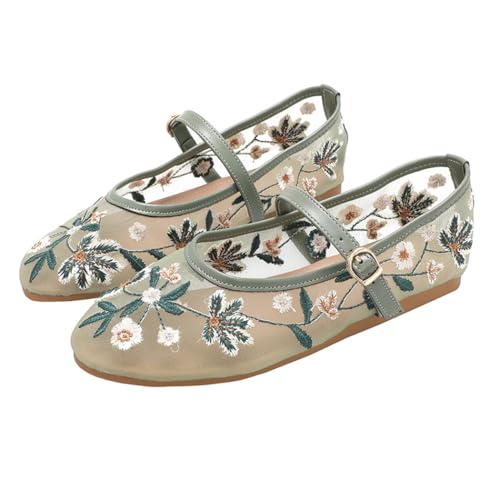 BEAUPAS Women's Floral Embroidered Mary Jane Flats Mesh Ballet Shoes with Buckle Strap