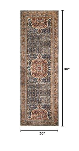 Loloi Layla Collection LAY-09 Cobalt Blue/Spice 2'-6" x 7'-6" .13" Thick Runner Rug, Soft, Durable, Vintage Inspired, Distressed, Low Pile, Non-Shedding, Easy Clean, Printed, Living Room Rug