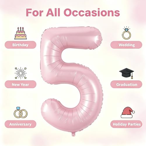 Image of Number Balloons Pink Party Balloon - Giant Number 5 Balloon, 40 Inch Large Balloon, Birthday Decorations for Women, Birthday Balloon for Anniversary Baby Shower Princess Party Decorations
