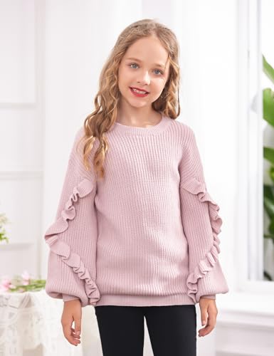 Arshiner Girls Long Lantern Sleeve Sweaters Crew Neck Knit Pullover Jumper Top2