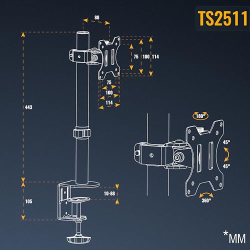 Support écran PC TV orientable inclinable universel VESA 75x75 100x100 - 6
