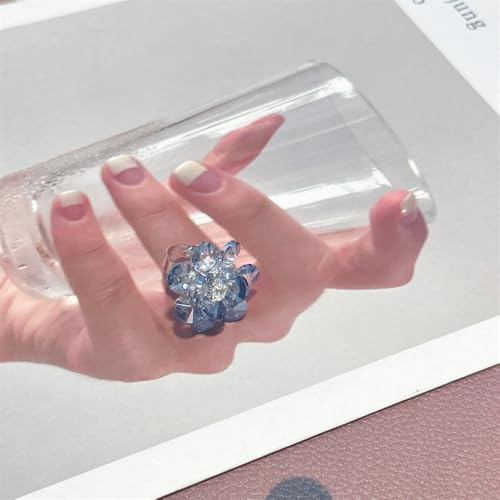 3D Crystal Flower Statement Ring for Women Silvery Chunky Cherry Blossom Adjustable Open Wrap Finger Rings Comfort Fit Delicate Wedding Holiday Party Jewelry Gift3