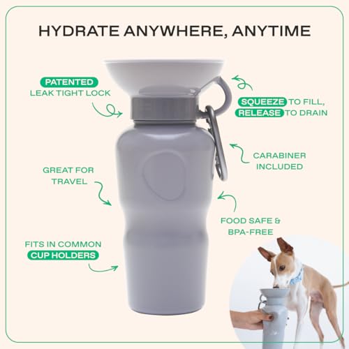 Image of Springer Dog Water Bottle | Portable Travel Drinking Feeder Dispenser for Dogs & Puppies | As Seen on Shark Tank | Leak-Proof Bowl | BPA-Free | Outdoor Walking, Hiking & Travel | 22oz Gray