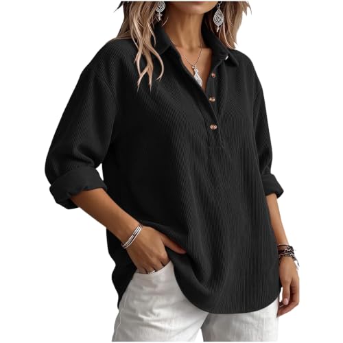 Corduroy Shirt Women Comfy Half Button Long Sleeve Henley Neck Tunic Tops | Black Womens Corduroy Shirt Cotton Fall Knited Flannel Henley Neck Ribbed Loose Fit Tunic Tops Casual Workout Shirts - image 5