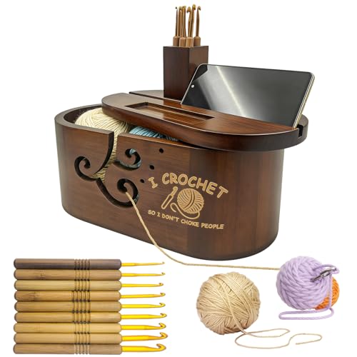 luperasol Oval Yarn Bowl Set with Lid Crochet Yarn Holder with 9PCS Knitting Hooks Large Wooden Yarn Storage with Phone Stand Three Curling Slot Crochet Yarn Bowl Gift for Crocheters