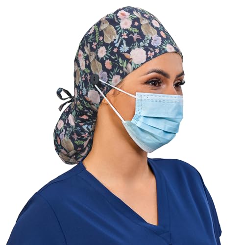 Image of Adjustable Scrub Working Cap with Ponytail Pocket, 2 Packed Satin-Lined Cotton Surgical Working Hat with Button, Elastic Bandage Tie Back Hats Sweatband for Women & Men, One Size