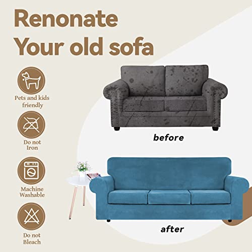 Weerrw 4 Pieces Velvet High Stretch Couch Covers For 3 Cushion Couch Sofa Slipcovers, Washable Furniture Protector With Non Slip Elastic Bottom, Feature Soft Plush Fabric, Peacock Blue, Large #TOP4