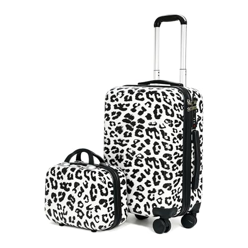 2pc White Leopard Luggage Set Hardshell Carry On 360 Wheels & Combo Lock