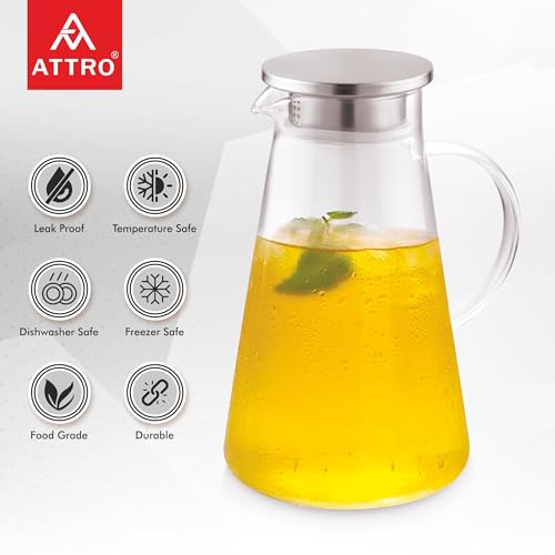 Image of ATTRO Glassox Classy Glass Water Jug - 1800ml Borosilicate Glass Serving Jug with Stainless Steel Lid, Heat Resistant, Ideal for Juice, Lemonade, Iced Tea, Milk, Hot & Cold Beverages