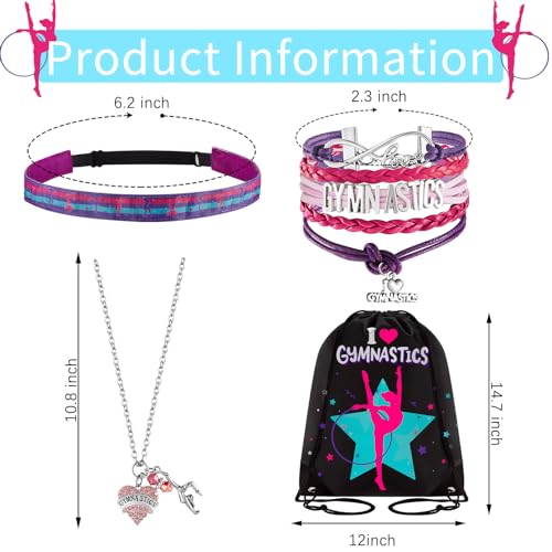 Dunzy 5 Pcs Gymnastics Gifts for Girls Kids Gymnastics Stuff Drawstring Bag Headband Girls Bracelet Necklace Scrunchies Gymnast Party Favors for Youth Boys Kids