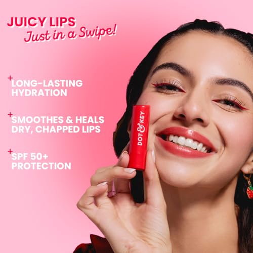 Image of Dot & Key Barrier Repair Hydrating Lip Balm SPF 50 | Strawberry Red | Repairs Damaged Lip Barrier | High Tinted | 4.5 gm