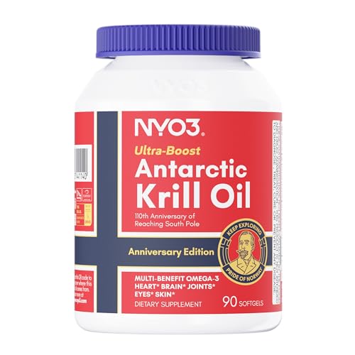 NYO3 Aceite de Krill en 90 Cápsulas Krill Oil Puro Noruega 270mg Omega 3 Krill Aceite de Pescado Puro 150mg de EPA 70mg de DHA, 560mg de fosfolípidos, 70mg de colina y 85mcg de astaxantina