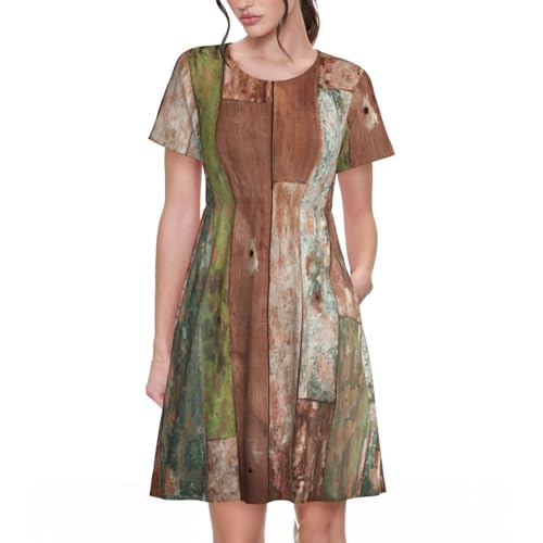 Robe d'été légère manches courtes femme Planks motif imprimé vintage