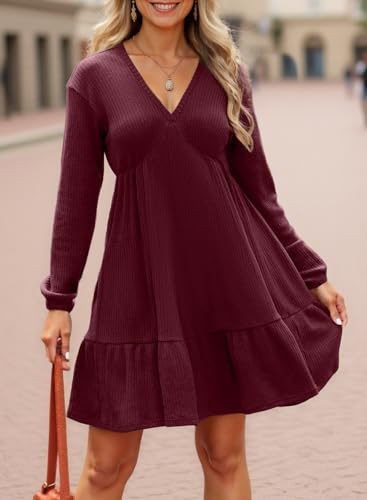 Dokotoo Fall Dresses for Women 2025 Long Sleeve V Neck Lightweight Ribbed Knit Empire Waist Casual A Line Swing Mini Dress - Image 4