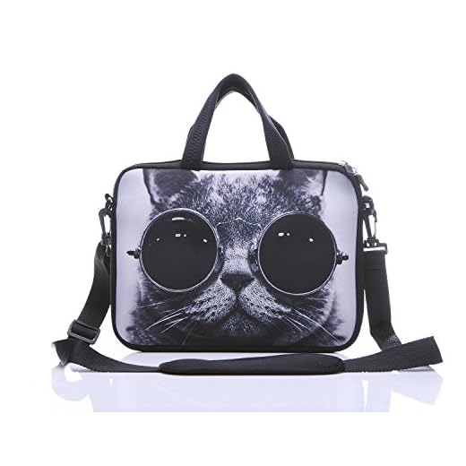11-Inch to 12-Inch Neoprene Laptop Sleeve Case Bag with shoulder strap For 11", 11.6", 12" Ultrabook/Acer/Asus/Dell/HP/Toshiba/Lenovo/Chromebook (Grey cat with sunglasses)