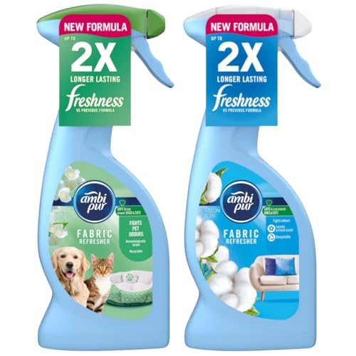 Ambi Pur Fabric Refresher & Air Freshener Spray - Sofas, Curtains & Pet Odour Eliminator - Laundry Scent Boosters - fights Pet Odours & Cotton Fresh 375ml - Box of 2