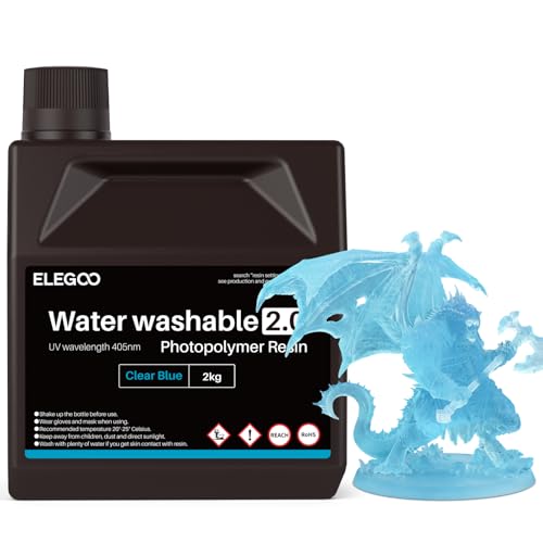 Image of ELEGOO Upgraded Water Washable Resin 2.0, 3D Printer Resin with Low Viscosity and High Precision, 405nm Rapid UV-Curing Photopolymer Resin, 3D Resin for LCD /DLP 3D Printing, Clear Blue 2000G
