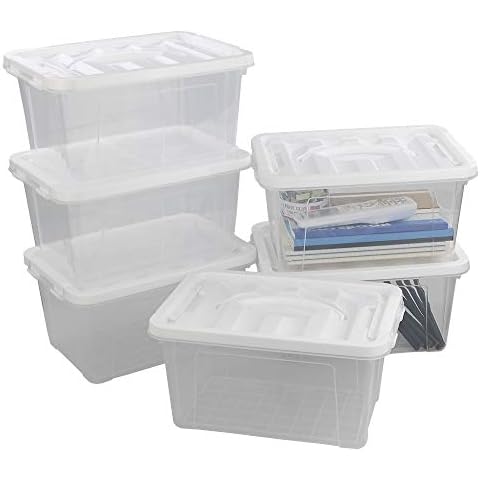 Innouse 6 Packs Small Storage Boxes 5 L, Clear Plastic Box with Handles Cover