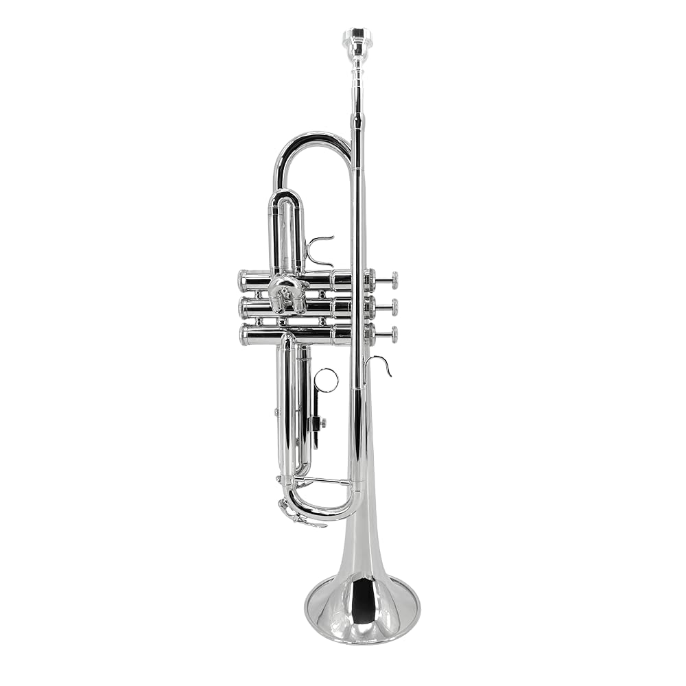 Ensemble de trompette en si bémol standard pour débutants, étudiants, trompette en laiton, si bémol avec embouchure 7C, chiffon de nettoyage, gants et étui de transport rigide (argent)