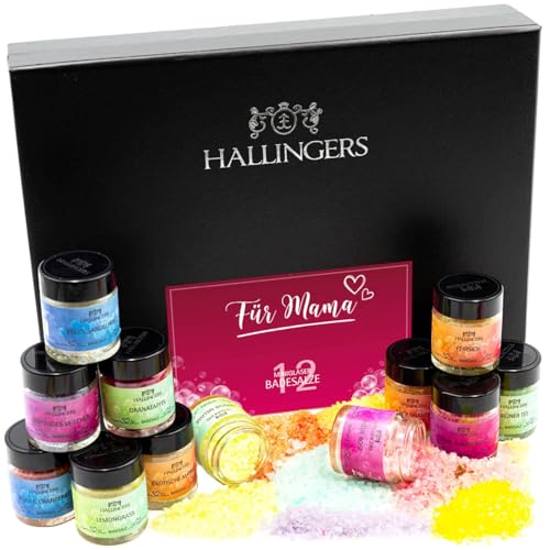 Hallingers para el Día de la Madre - Juego de 12 sales de baño para mamá con sales del Mar Muerto como regalo para el Día de la Madre (juego) - Regalo del Día de la Madre e ideas de regalo para el Día