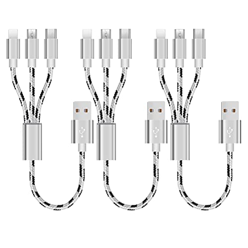 3Pack 1ft Multi Charging Cable Short Multi Charger Cable USB Multi Cable 3 in 1 Universal Charging Cord Nylon Braided 3-1 Multiple Connectors Charging Cable for Cell Phones Tablets and More (Silver)