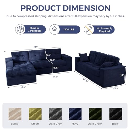 Image of MAXYOYO Modular Sectional Sofa with Ottoman and Loveseat, Cloud Boneless Couch with Layered Cushion, Flexible Module Combination Sofa for Living Room, No Assembly Required,Navy