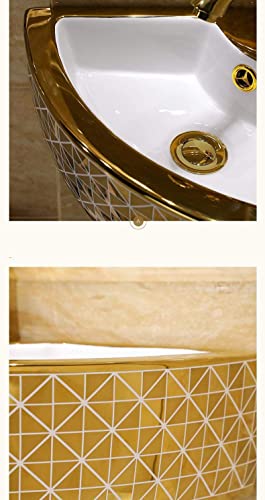 Image of BASSINO 13x17x5 Inches Ceramic Wall Mount Wash Basin /1 Year Warranty /Triangle Tabletop Basin for Bathroom /Above Counter Sink for Dining Hall /Living Room /Hotel /Office(White & Gold Finish)