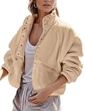 QIBABU Womens Fuzzy Fleece Jacket Long Sleeve Winter Short Coats Warm Button Down Sherpa Fleece Jackets Shacket (1700-Khaki-S-QB)