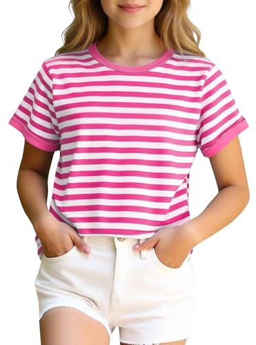 Ecolala Girls Striped Shirt Cute Summer Tops Contrast Color Short Sleeve Crewneck Kids T Shirt Pink White 9-10 Years
