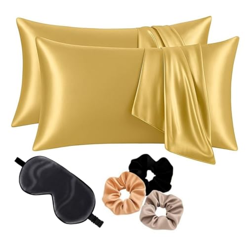 Image of Premium Satin Pillowcase Set of 2 with Eye Mask & 3 Scrunchies | Silky Soft, Anti-Frizz, Skin & Hair Care Sleep Set | Luxury Gift Combo for Women & Girls (Gold)