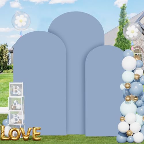 Image of FOTSHARER Dusty Blue Arch Cover Set of 3 Spandex Arch Covers Stretchy Backdrop 4FT 5FT 6FT Chiara Wall Arches Stand Cover Round Top Backdrop Covers for Arched Stand Wedding Arch Cover for Party Decor