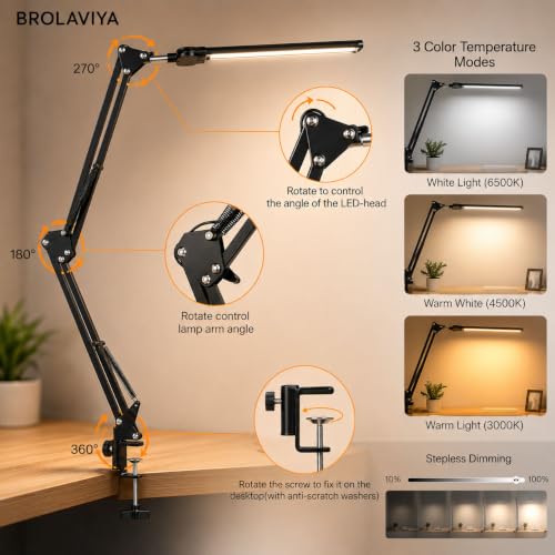 Image of BROLAVIYA Architect Double Head LED Desk Lamp Overhead Light, 3 Color Mode,10 Levels Dimmable Brightness, Metal Body, Eye Protection Desk Light for Office, Study, Reading, Computer Workstation