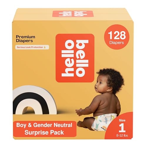 Image of Hello Bello Premium Diapers, Size 1 (8-12 lbs) Surprise Pack for Boys - 128 Count, Hypoallergenic with Soft, Cloth-Like Feel - Assorted Boy & Gender Neutral Patterns