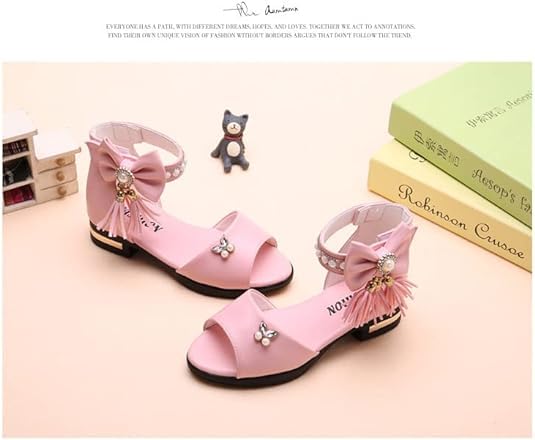 Girl's summer ankle sandals square heel with tassels and pearls princess party shoes3