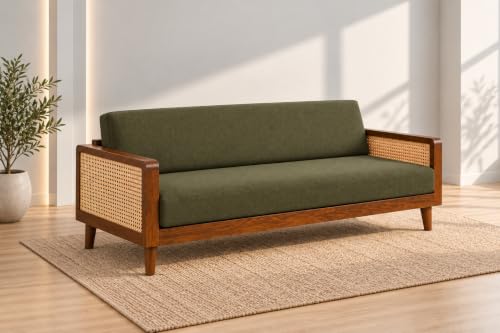 Image of Sainistree Sheesham Wood 3+2 Seater Sofa | Solid Wood Cane & Rattan Sofa for Living Room | Mid-Century Modern Accent Sofa | Green Upholstery, Teak Brown Finish