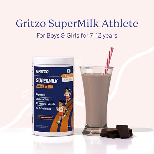 Image of Gritzo SuperMilk Athlete (7-12y Kids), 400g + Sipper | Doube Chocolate | 14g Protein | Includes Black Panther 700ml Sipper | Zero Refined Sugar